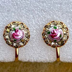 VTG Vargas Rose Floral Guilloche Rhinestone Halo Gold Tone Screw Back Earrings